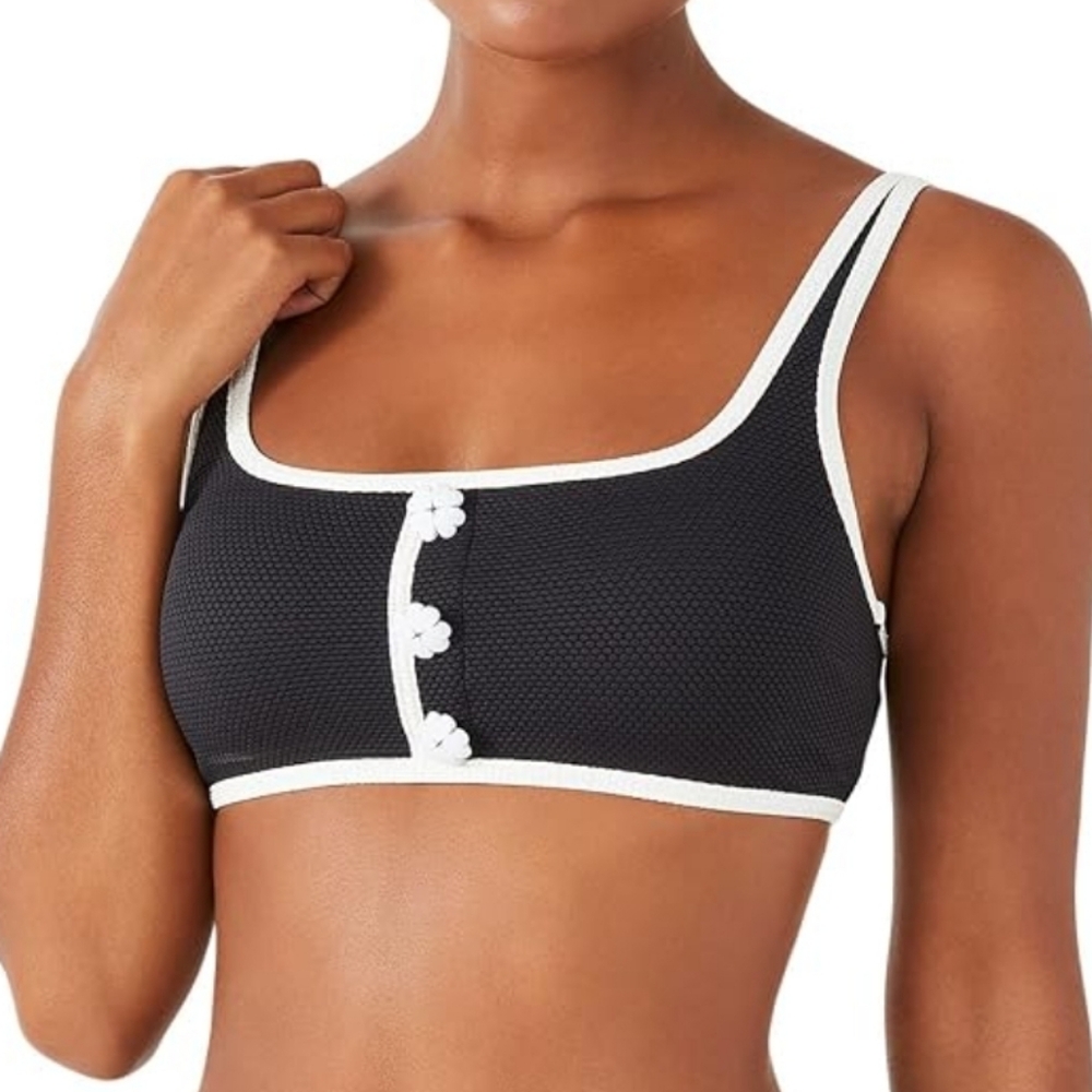 NWT Kate Spade Black Textured White Flower Button Bralette Bikini Top XS